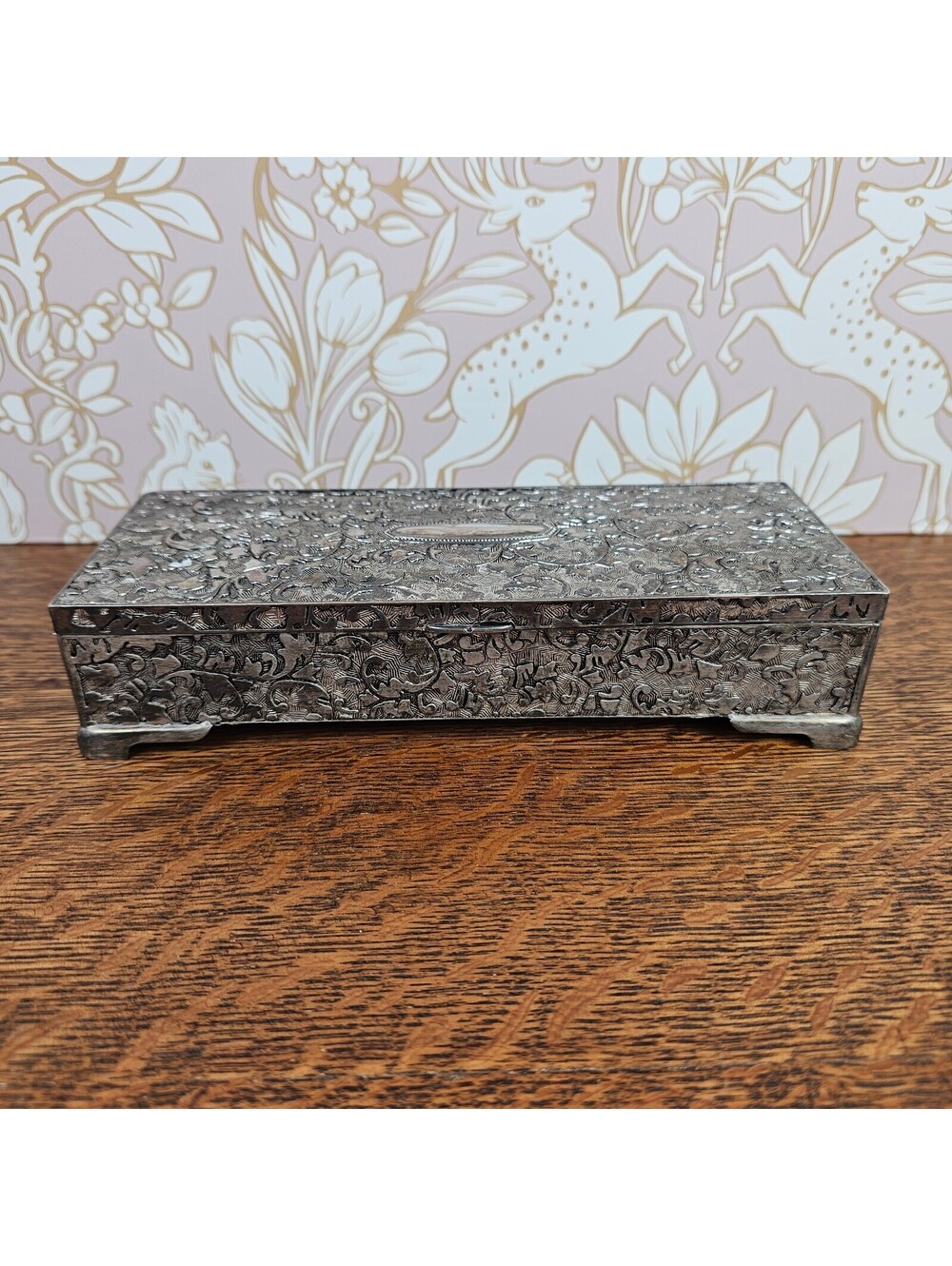 Vintage International Silver Co Silverplate Jewelry Box Mirror Velvet 9"